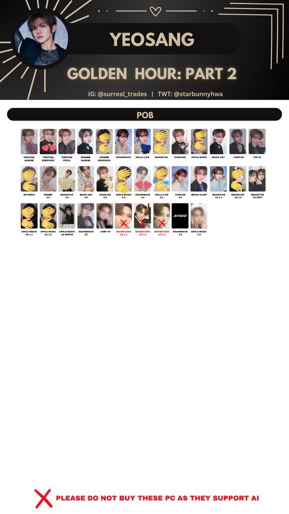 ATEEZ アチズ GOLDENHOUR Part.2  特典 封入トレカ 交換 

【譲】画像①②

【求】未使用シリアル or ユノ ヨサン(GH2>>過去)

⚠️🇯🇵特典は求めていません
封入は2:1~◎

1/9リリイベ手渡しor郵送交換📮
お気軽にお声掛け下さい👶🏻

 #ATEEZ交換