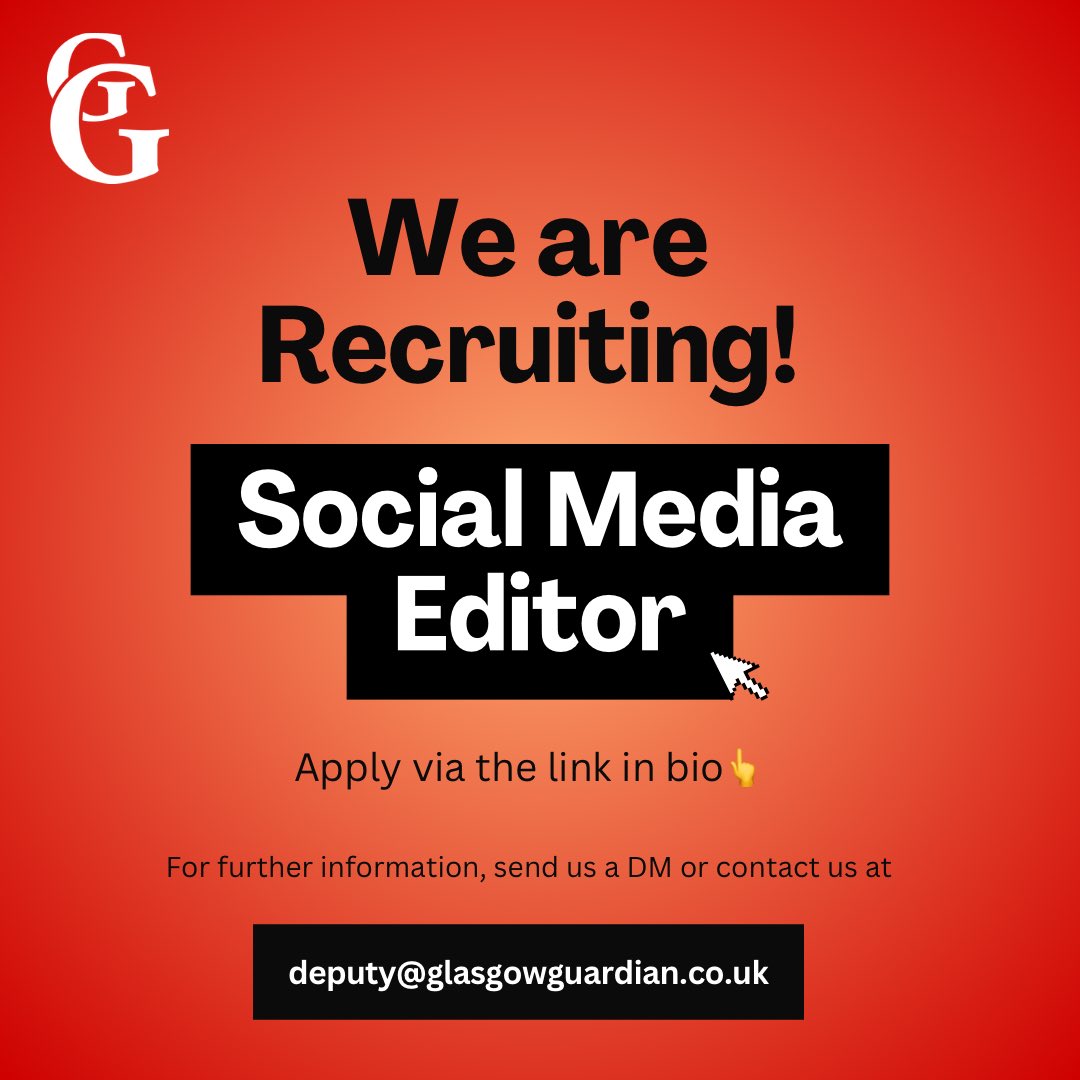 GlasgowGuardian's tweet photo. 🚨We are recruiting a Social Media Editor to overlook our social media platforms ‼️

If you are a creative individual with an interest for digital media, we want to hear from you! AND NO EXPERIENCE IS REQUIRED ⚠️✨

Apply via the link in bio 👆

Deadline is 6th of January https://t.co/YRMeU4GqnU