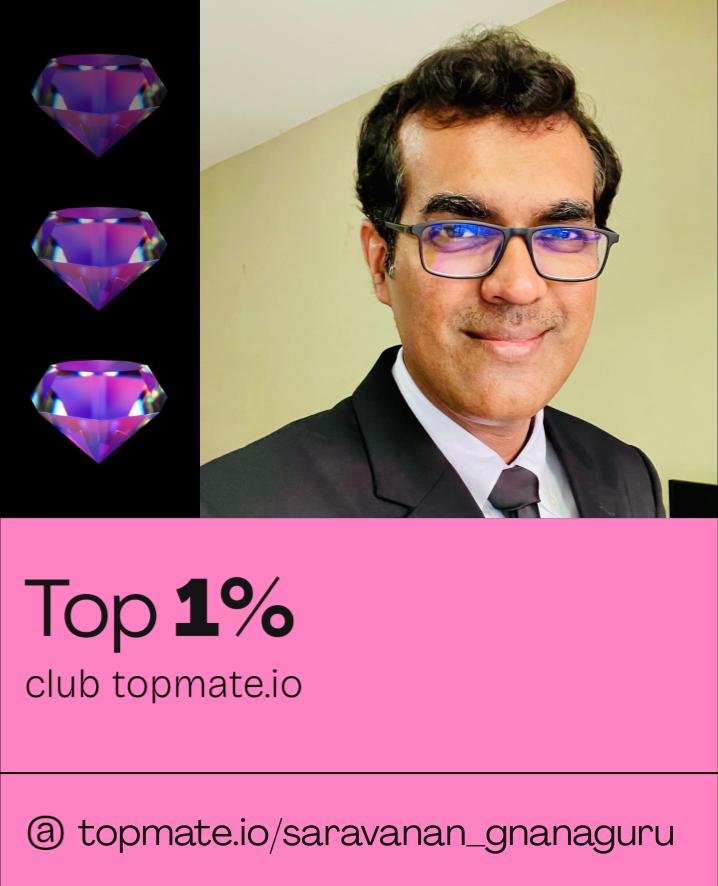 I am thrilled to announce that I have officially joined the exclusive Top 1% Club on Topmate.

Thank you for being a part of this journey! Let's strive for more.

topmate.click/vqhni