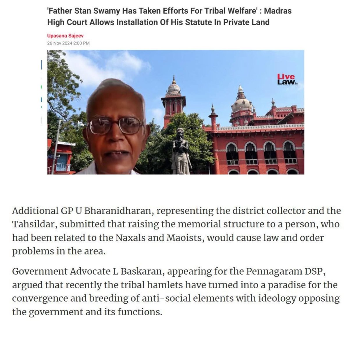 bhaskarvasugi's tweet photo. பழங்குடி மக்களுக்கு வாழ்நாளெல்லாம் உழைத்த ஸ்டான் ஸ்வாமி எவ்வளவு மோசமாக நடத்தப்பட்டார் என்று ஆ. ராசா பாராளுமன்றத்தில் பேசுகிறார். 

பதினைந்து நாள் முன்னர் தான் திமுக அரசு தரப்பு வக்கீல்,  ஸ்டான் ஸ்வாமி சிலை வழக்கில், 

“ஸ்டான் ஸ்வாமி நக்சல்பாரிகளுடனும், மாவோயிஸ்டுகளுடனும் தொடர்பு கொண்டவர், அவருக்கு சிலை வைத்தால் சட்டம் ஒழுங்கு பாதிக்கும்” என்று வாதிட்டது. 

முற்போக்கு தளத்தில் பெயர் வாங்க அவருக்கு அஞ்சலி செலுத்துவது, உள்ளுக்குள் பாஜகாவின் நிலைப்பாட்டையே கொண்டிருப்பது. 

இந்த முரண்பாடான நிலைபாடுகளையெல்லாம் சுட்டிக்காட்டி, ஒரு போட்டோ கார்டு போட கூட தமிழ் ஊடகங்கள் தயாராக இல்லை.