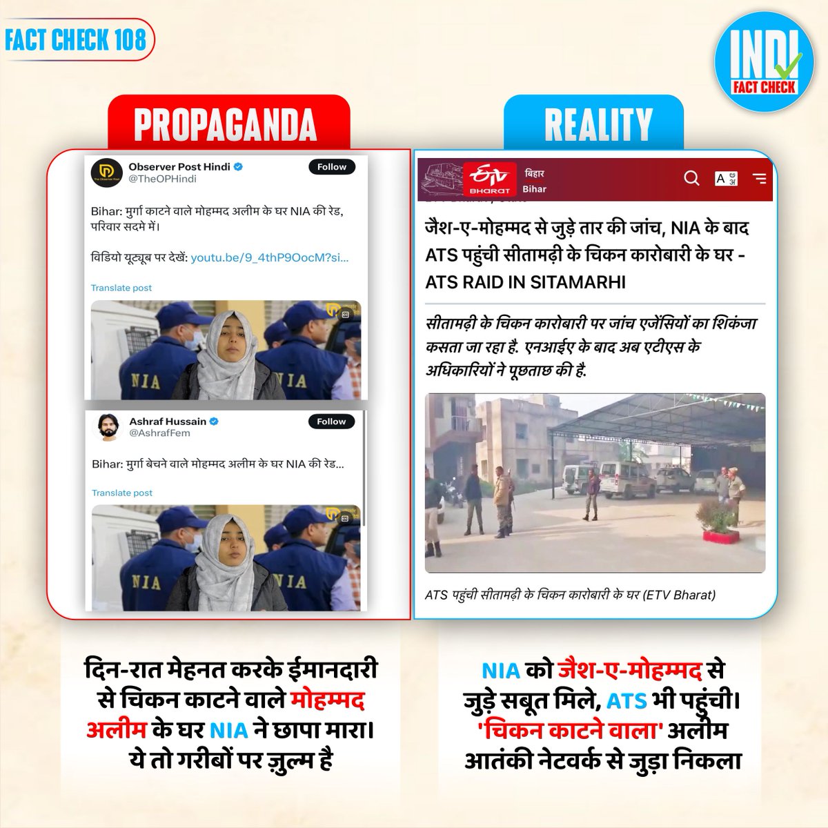 IndiFactCheck's tweet photo. Fact Check 108: "चिकन बेचने वाला या आतंक का एजेंट? मोहम्मद अलीम के घर छापे की सच्चाई"
#IndiFactCheck https://t.co/UcIy2Cd7bO