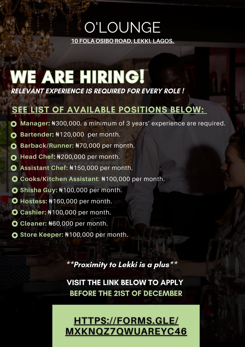 phoniex_xxx's tweet photo. 📢 We Are Hiring!
- Apply Here: https://t.co/ZaJL0dL4ON
- Location: The O Lounge, 10 Fola Osibo Road, Lekki, Lagos.
- Application Deadline: 21st December 2024.

Don’t miss this opportunity to be part of a dynamic team. Apply now &amp; let’s create unforgettable experiences https://t.co/anZ2k0AbYF