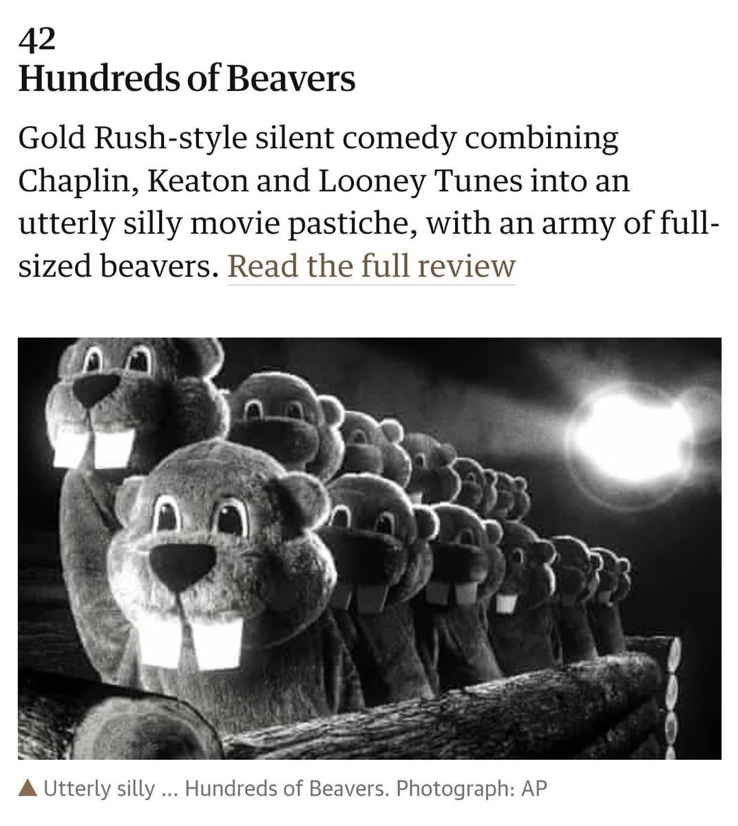 Another 'Best of 2024' list for <a href="/beaversfilm/">Hundreds of Beavers Movie</a>, 
this time the <a href="/guardian/">The Guardian</a>! 

📽️See the film in IMAX w/ Q&amp;A from lead actor and co-writer Ryland Brickson Cole Tews #HundredsOfBeavers #SlapstickFest25

Link in Bio for 🎟️
