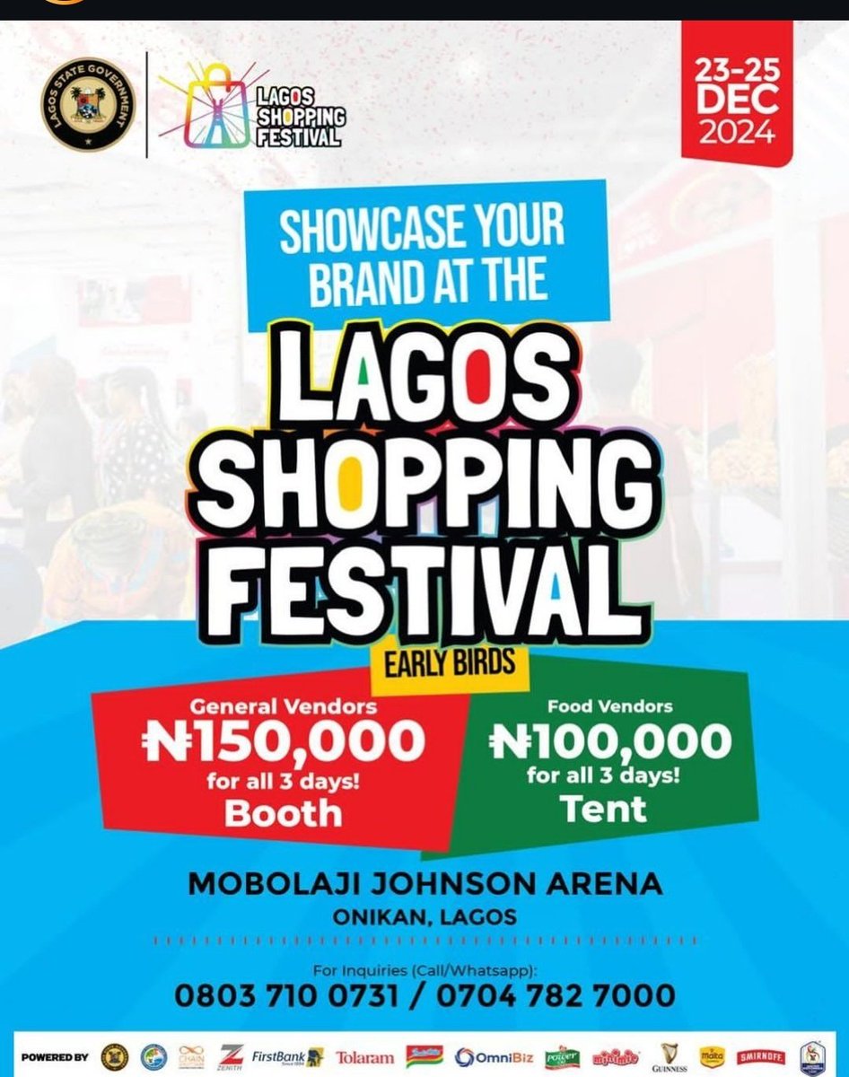 terfaeren_adzo's tweet photo. VENDORS!!!!!!!!!!!
Today makes it 8days to the LAGOS SHOPPING FESTIVAL
Book a tent/booth today and sell for 3 days straight to the largest crowd ever!
@LagosShopFest
#LagosShoppingFestival
#CreativityInLagos
#LagosCreators
#SupportLocalTalent
#zentry #SevenDoors https://t.co/Pyksy68uy1
