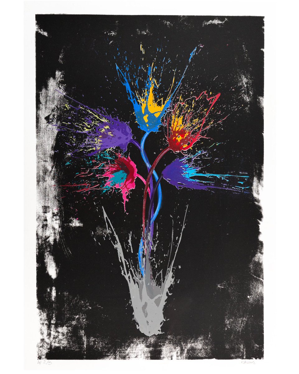 RobWassArt's tweet photo. This one is now on its way to the states and was the only black floral explosion I could find, I’ve still got a few studio condition green ones and pink ones. These were the first proper screen prints I made in 2008 done on a home built set up. https://t.co/4Jul4BPy47
