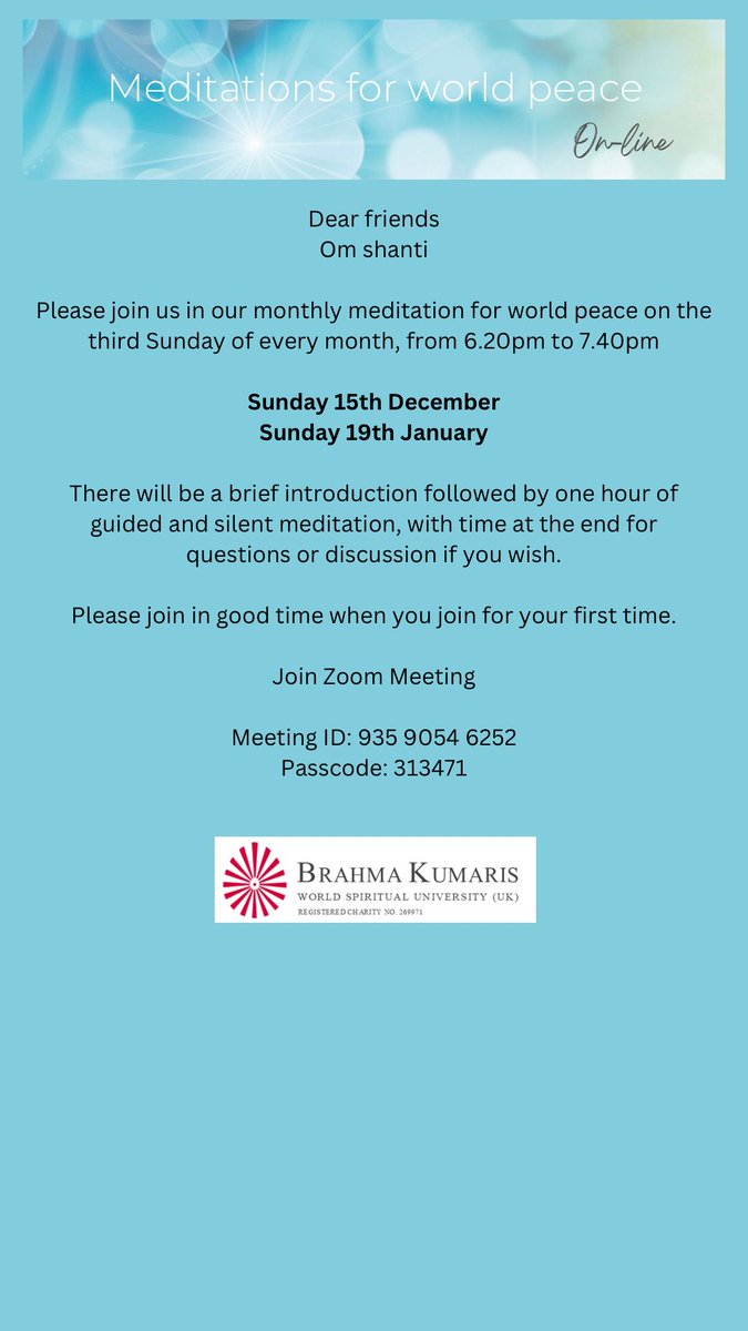 Join Zoom Meeting
buff.ly/3WlTZ11

Meeting ID: 935 9054 6252
Passcode: 313471

#worldmeditationday #peace #meditation