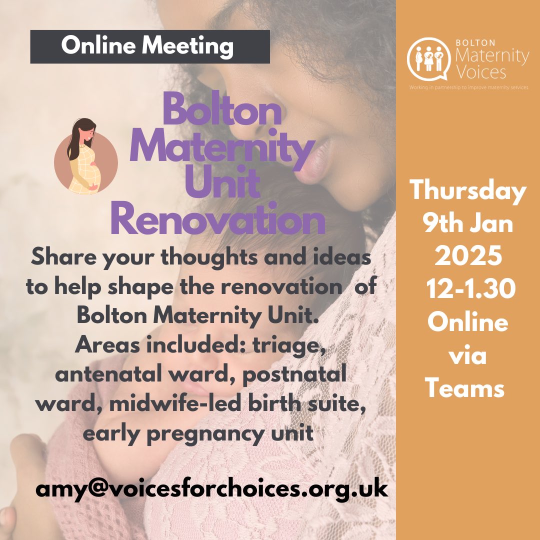 Bolton Maternity & Neonatal Voices Partnership 💜 (@boltonmnvp) on Twitter photo Another opportunity to share your thoughts on the exciting renovations at Bolton’s Maternity Unit
Thursday 9th January
12pm on Teams 💜
amy@voicesforchoices.org.uk Another opportunity to share your thoughts on the exciting renovations at Bolton’s Maternity Unit
Thursday 9th January
12pm on Teams 💜
amy@voicesforchoices.org.uk