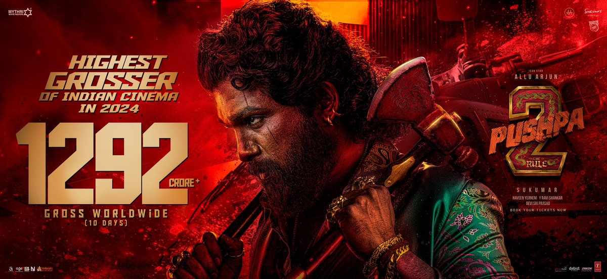 PushpaMovie's tweet image. #Pushpa2TheRule crosses Massive 1292 CRORES GROSS in 10 days 💥💥

The HIGHEST GROSSER OF INDIAN CINEMA IN 2024 ❤‍🔥

Book your tickets now!
🎟️ linktr.ee/Pushpa2TheRule…

#2024HighestGrosserPushpa2

#Pushpa2
#WildFirePushpa

Icon Star @alluarjun @iamRashmika @aryasukku…