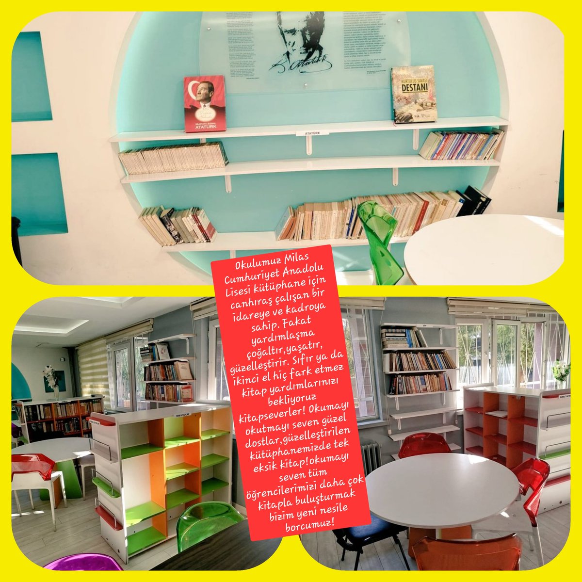 FikriyeADHD's tweet photo. @ogretmenlersyfs Okulumuz Milas Cumhuriyet Anadolu Lisesi kütüphane için yardımlaşma çoğaltır, güzelleştirir.Sıfır ya da ikinci el hiç fark etmez kitap yardımlarınızı bekliyoruz.kütüphanemizde tek eksik kitap!okumayı seven tüm öğrencilerimzi daha çok kitapla buluşturmak bizm yeni nesile borcumuz! https://t.co/3eM2AU7b9N