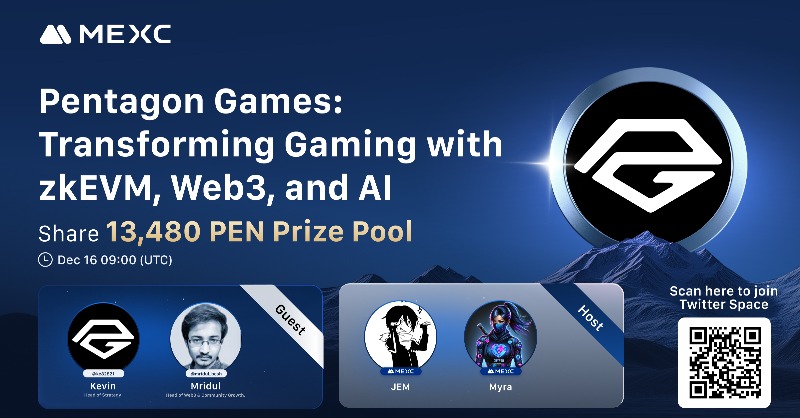 MEXC's tweet photo. 🔥#MEXC x @PentagonGamesXP $PEN X Space AMA is happening!

⏰ Set a reminder &amp; join us at 09:00 UTC on Dec 16, 2024: https://t.co/qmDzaJqjRA

🎁 Win a share of the 13,480 PEN AMA prize pool!