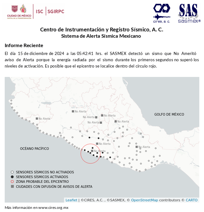 SASMEX's tweet photo. Informe preliminar (ACTUALIZACIÓN) del #Sismo detectado el 15-dic-24 a las 05:42:41 hrs. #TenemosSismo #LaPrevenciónEsNuestraFuerza https://t.co/MUvCjJ4OcR