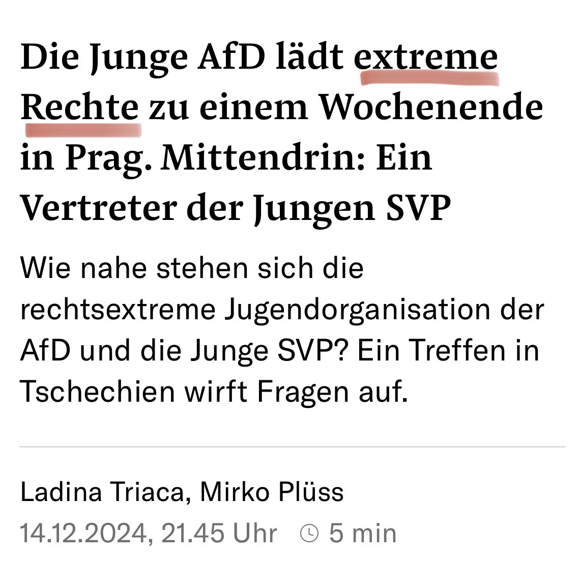 Marc Rüdisüli (@marcrudisuli) on Twitter photo Fassungslos, aber nicht überrascht. <a href="/jungesvp/">Junge SVP Schweiz</a> hat gröberes Problem mit Rechtsextremismus. Treffen eines Mitglieds mit Landesverband der Jungen Alternativen, der stark von Neonazis durchdrungen ist, bleibt ohne Reaktion der Parteileitung. Klare Abgrenzung? Fehlanzeige - 1x mehr. Fassungslos, aber nicht überrascht. <a href="/jungesvp/">Junge SVP Schweiz</a> hat gröberes Problem mit Rechtsextremismus. Treffen eines Mitglieds mit Landesverband der Jungen Alternativen, der stark von Neonazis durchdrungen ist, bleibt ohne Reaktion der Parteileitung. Klare Abgrenzung? Fehlanzeige - 1x mehr.