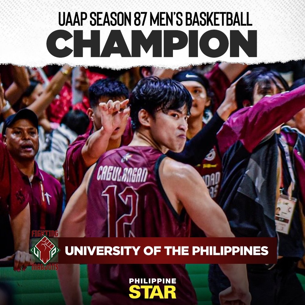 THE CROWN IS BACK IN KATIPUNAN❤️‍🔥

University of the Philippines Fighting Maroons emerge victorious against defending champion De La Salle Green Archers, 66-62, in the #UAAPSeason87 men's basketball category. 

This is the fourth championship title of the Fighting Maroons.