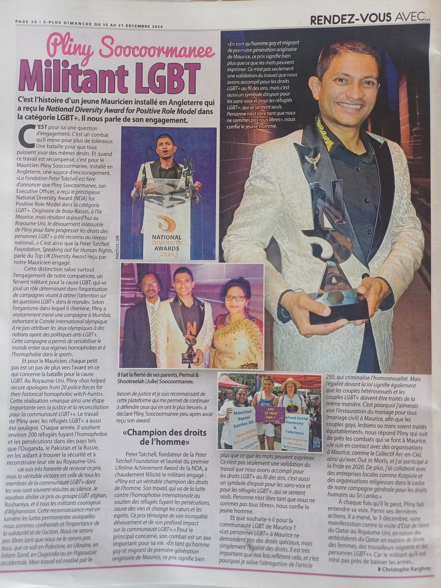 Pliny_Soocoormanee ๐ณ๏ธโ๐๐ฌ๐ง๐ฒ๐บ๐ซ๐ท๐ฎ๐ณ (@pliny_1s) on Twitter photo Looks like we made the local news in #Mauritius๐ฒ๐บ. Being on the front page & a full page article on <a href="/5plusDimanche/">5-Plus Dimanche</a> on pg 20 about the #NDA24 <a href="/ndawards/">National Diversity Awards</a>.
I shared my journey & my hope to see #EqualMarriage in #Mauritius ๐ฒ๐บ
<a href="/TruthLgbtq/">COLOURED VOICE ๐ณ๏ธโ๐ Truth to LGBTQ.</a> <a href="/Lucie008/">Exequatur</a> <a href="/Simrique/">Lisa Simrique Singh</a> <a href="/nicoritter/">Nicolas RITTER</a> <a href="/AnjeeKaur/">Anjeelee Kaur</a> Looks like we made the local news in #Mauritius๐ฒ๐บ. Being on the front page & a full page article on <a href="/5plusDimanche/">5-Plus Dimanche</a> on pg 20 about the #NDA24 <a href="/ndawards/">National Diversity Awards</a>.
I shared my journey & my hope to see #EqualMarriage in #Mauritius ๐ฒ๐บ
<a href="/TruthLgbtq/">COLOURED VOICE ๐ณ๏ธโ๐ Truth to LGBTQ.</a> <a href="/Lucie008/">Exequatur</a> <a href="/Simrique/">Lisa Simrique Singh</a> <a href="/nicoritter/">Nicolas RITTER</a> <a href="/AnjeeKaur/">Anjeelee Kaur</a>