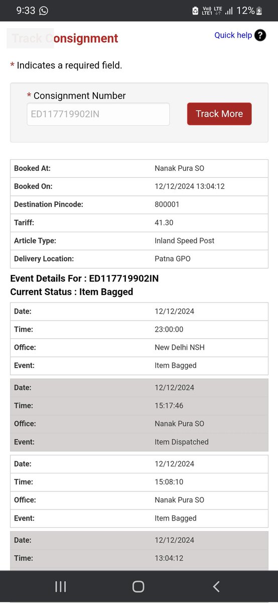 itsCsarma's tweet photo. @IndiaPostOffice @JM_Scindia 
I had sent a Speed post letter from Nanak Pura SO to The CPMG Bihar. 
The tracking details for my consignment have not been updated since the 12th and appear to be stuck at New Delhi NSH. Kindly Update.
Consignment Number: ED117719902IN https://t.co/lHVua6BJF8