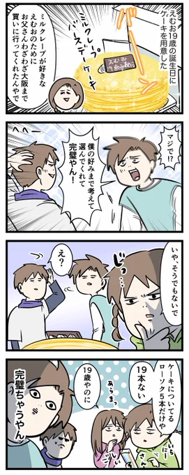 誕生日ケーキのロウソク5本を
理系の力で19に増やしたっぽい19歳のドヤり大学生の話

#コミックエッセイ
#漫画が読めるハッシュタグ 