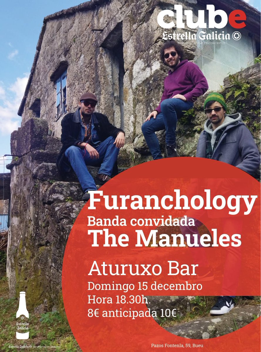 Imos a #Bueu !! Menudo festón para esta tarde de domingo. Atención aos horarios. No <a href="/aturuxobueu/">aturuxo bar (bueu)</a> tes a @furanchology e a @the_manueles_oficial grazas a <a href="/estrellagalicia/">Estrella Galicia</a> 
@clubturagalicia @galicia_en_concierto