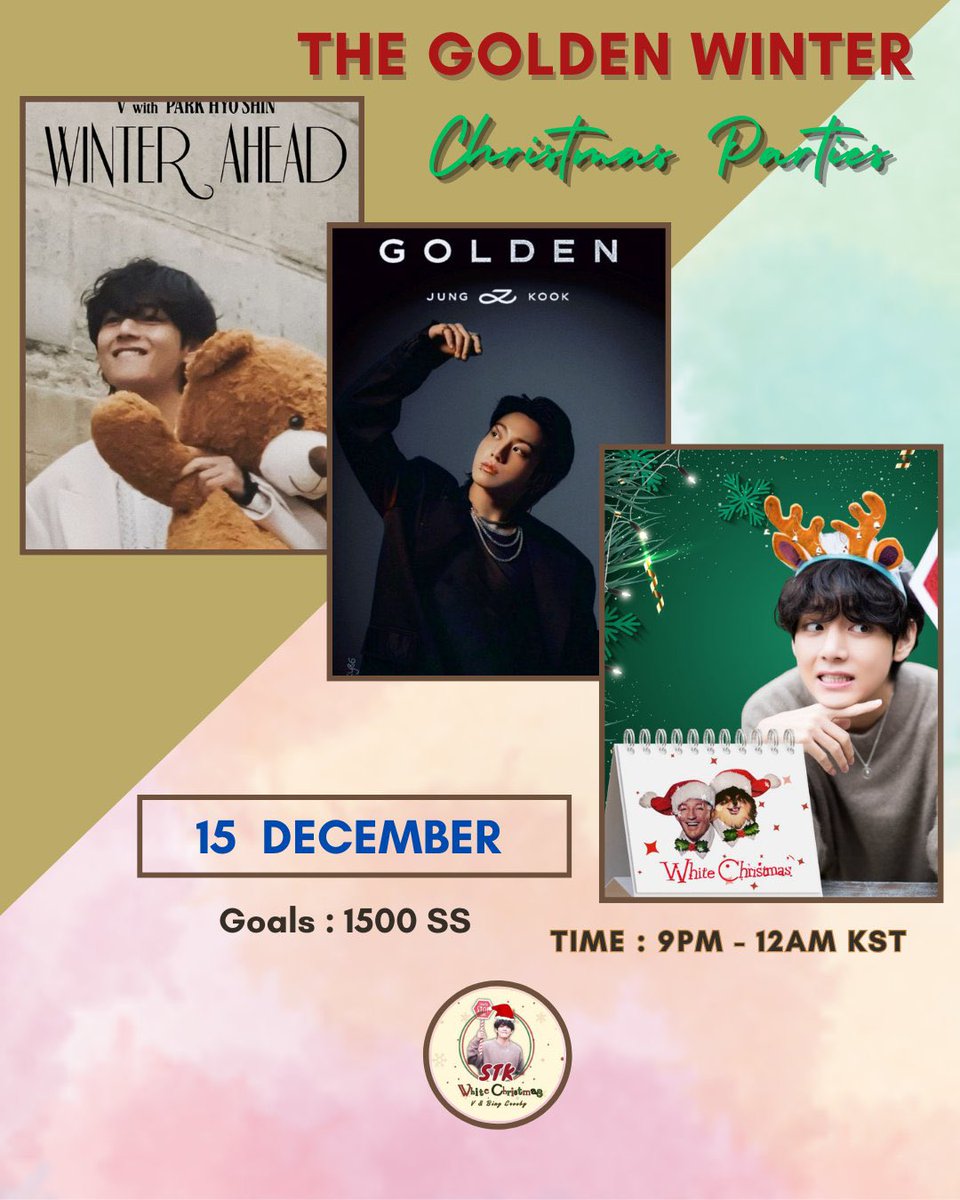 THE GOLDEN WINTER CHRISTMAS PARTIES‼️

GOAL: 1500 SS
Time : 9pm - 12am KST

PL: open.spotify.com/playlist/7LA50…

AM : music.apple.com/gb/playlist/wx…

SH : stationhead.com/tetekoofm

tags:
TAEKOOK TAKEOVER
#GoldenWinterChristmas
#GoldenVinylrelease