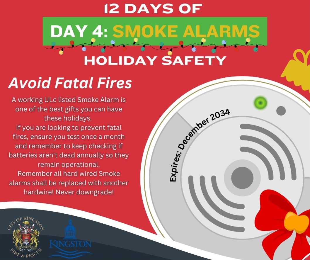 Tis the season for fire safety, YGK! 🎄
Day 4 of 12 Days of Holiday Safety: A working smoke alarm gives the gift of time in a fire. Install on every floor, test monthly, &amp; replace batteries yearly. Stay safe this holiday!