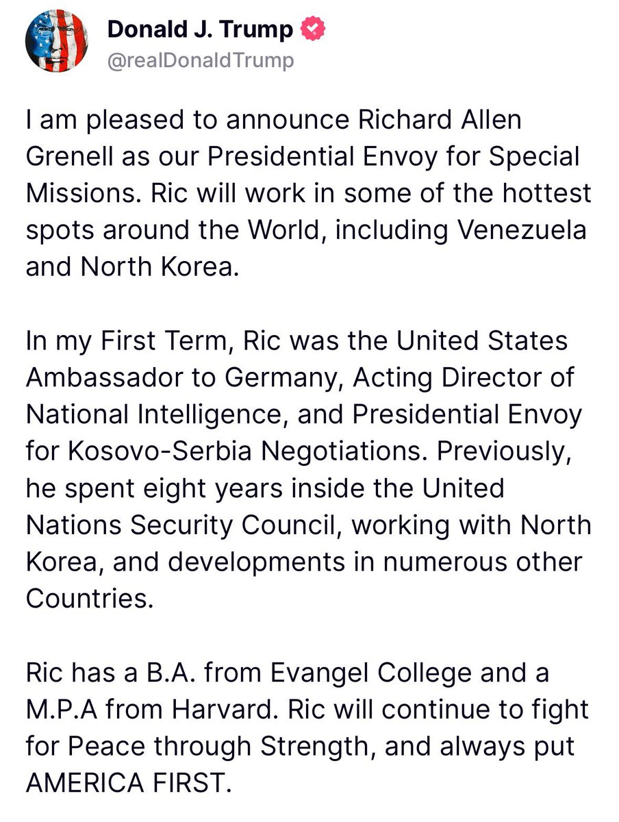 vtchakarova's tweet photo. Richard Grenell has been nominated Trump’s Presidential Envoy for Special Missions, working on “some of the hottest spots around the World, including Venezuela and North Korea.”
This will be one of the top geopolitical jobs in Trump’s Team. #Velsig https://t.co/Zj9rMQVPdA