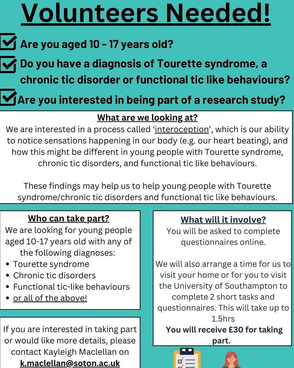 Tourettes Action (@tourettesaction) on Twitter photo 📢 Exciting Research Opportunity!
Researchers at the University of Southampton are studying the impact of "interoception" on tics, anxiety, and quality of life in young people with Tourette syndrome and tic disorders.💚Contact Kayleigh MacLellan for info: k.maclellan@soton.ac.uk 📢 Exciting Research Opportunity!
Researchers at the University of Southampton are studying the impact of "interoception" on tics, anxiety, and quality of life in young people with Tourette syndrome and tic disorders.💚Contact Kayleigh MacLellan for info: k.maclellan@soton.ac.uk