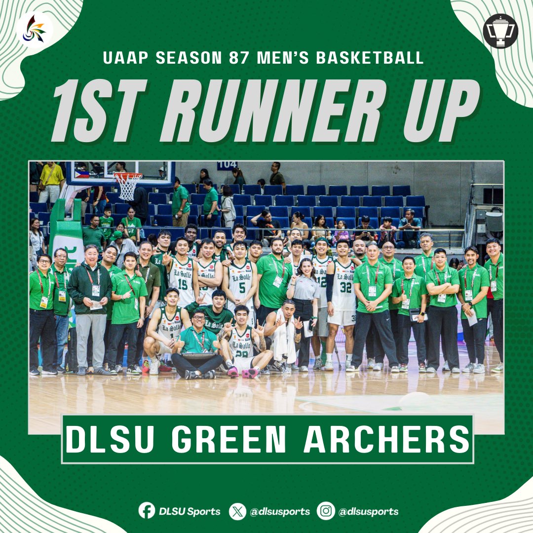 dlsusports's tweet photo. STILL, GOD DID! 💚

The DLSU Green Archers brace the mayhem of the #UAAPSeason87  Men’s Basketball Finals as they rise as the First Runner Ups after a heart-pounding battle against the UP Fighting Maroons, 62-66. 

#StrongerBetterTogether #GreenGR87NESS #GoLaSalle #AnimoLaSalle https://t.co/W4rAQwJMPw