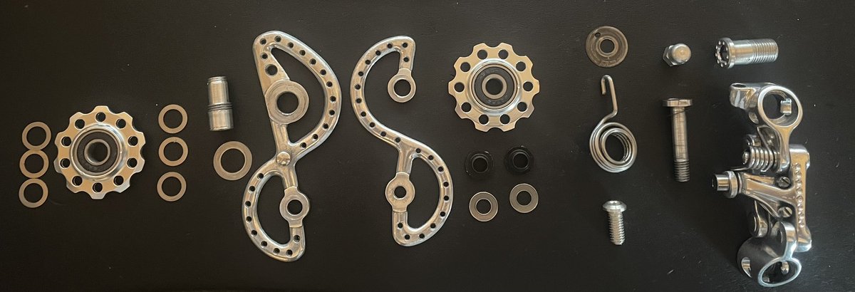 This is how I got the Huret Jubilee below 100g. I completely redesigned the upper jockey cage pivot and replaced all the steel fixings. All the parts were machined in 7075 Ergal alloy in my workshop on manual machines