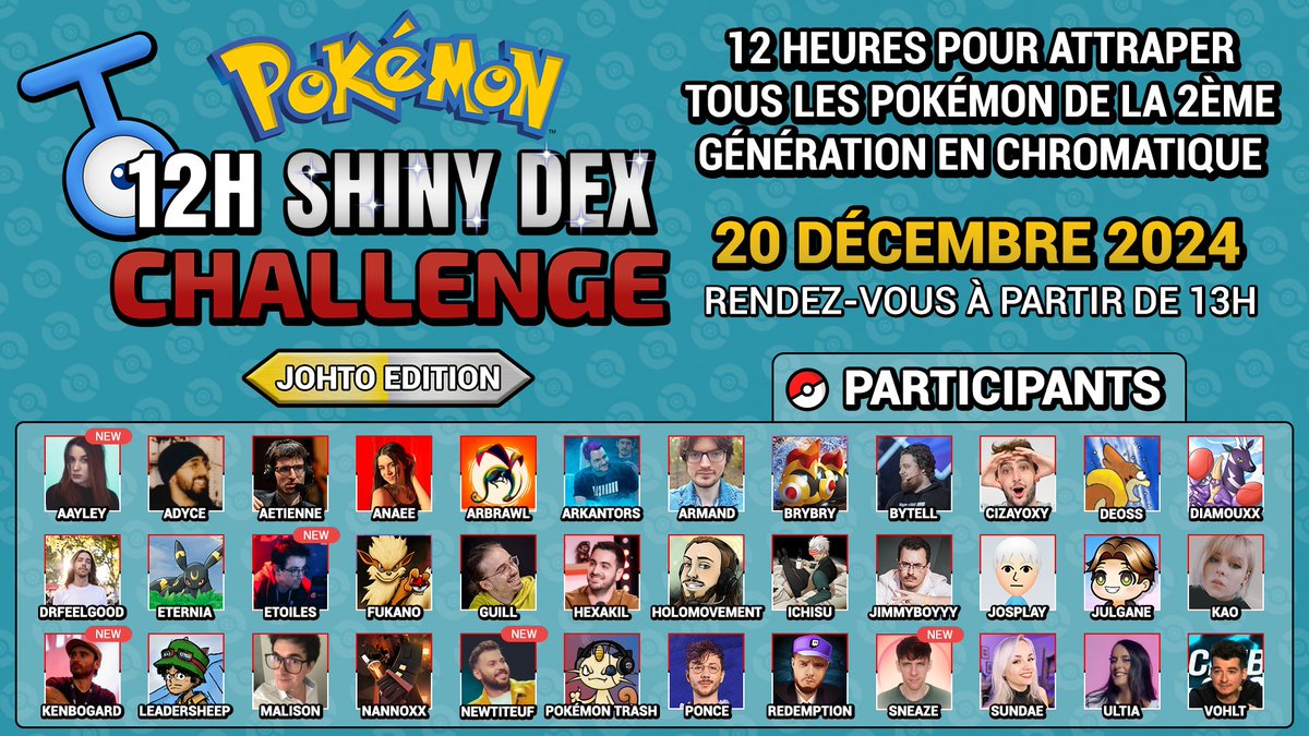 Ils sont de retour... et c'est certainement pas pour vous jouer un mauvais tour !

✨127 Pokémon Chromatiques
😎 36 Dresseurs
🕒 12 Heures

Le #ShinyDexChallenge revient pour une 2e Édition : JOHTO ! Coup d'envoi ce vendredi 20 Décembre à 13h.

Attendez... comment ça 127 ?!