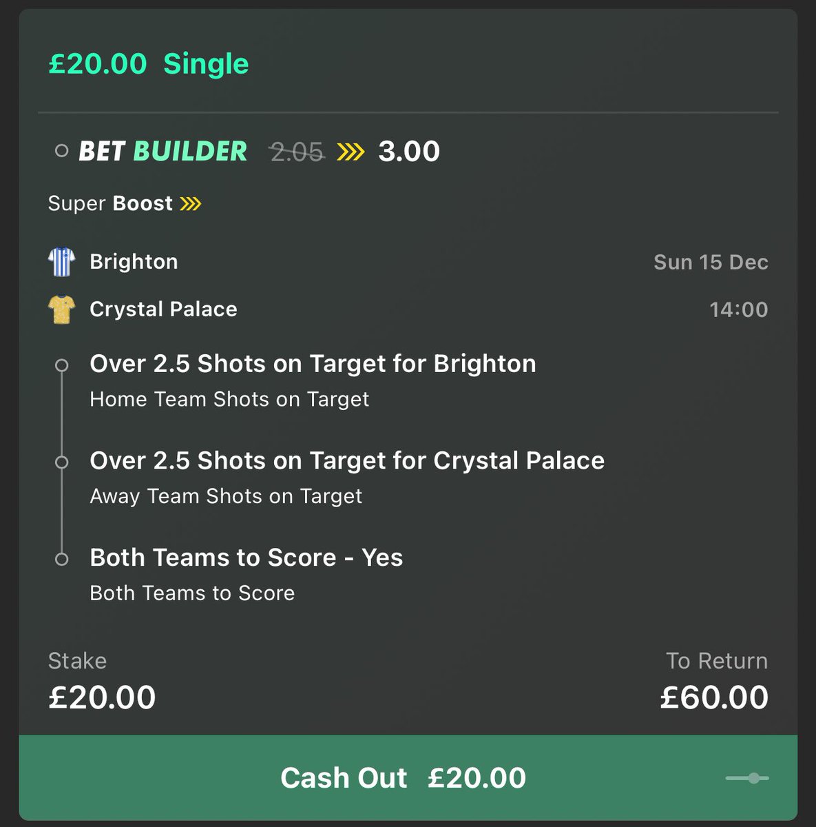 💰 £60 CASH GIVEAWAY!!! 

If the Brighton v Crystal Palace super boost wins I’ll giveaway… 

❤️ £30 to someone who LIKES this!
🔁 £30 to someone who RTs this!
✅ FOLLOW <a href="/LordFootyTips/">Lord’s Football Tips</a>
