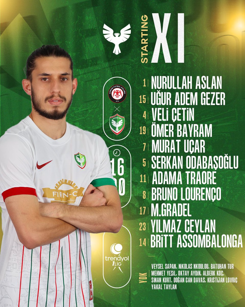 AmedsporFR_'s tweet photo. 🅻🅰 🅲🅾🅼🅿🅾 //
❤️💚 // Le 11 titulaire de Amedspor qui affrontera Çorum Fk à 14h00 ✌🏽
Toujours par de Yohan Cassubie et Cekdar Orhan dans le groupe.
#CFKvAMD 🏟️
#Amedspor ❤️💚 https://t.co/pckp13eNII