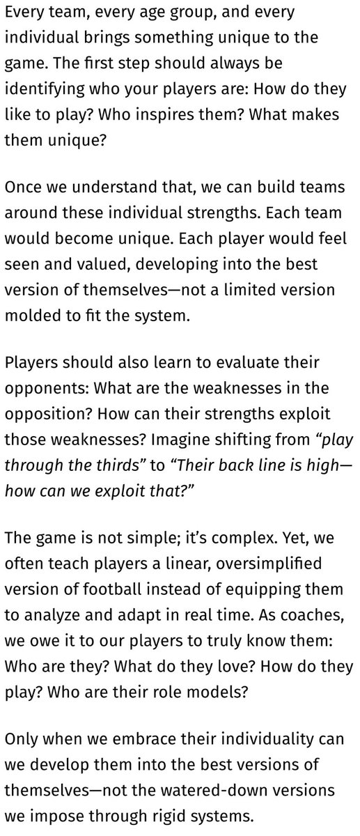 Great read. Especially liked this bit; as valuable as it is to have the clarity of defined philosophy/structure, there has to be enough freedom built into that to a) account for individual player tendencies and b) empower them to make decisions themselves re context of the game
