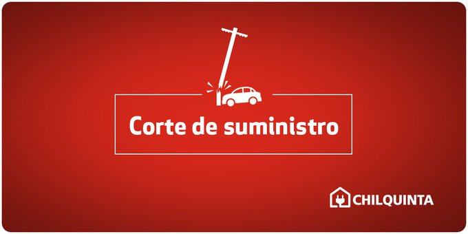 Chilquinta600's tweet photo. #ChilquintaInforma: Corte de suministro eléctrico que afecta a los hogares del sector #ColinasdeOro en la comuna de #Quilpué, es debido a #Postechocado. El horario estimado de reposición es a las 15:00 horas. Reiteramos el llamado a conducir con precaución. https://t.co/uFcXC075K3