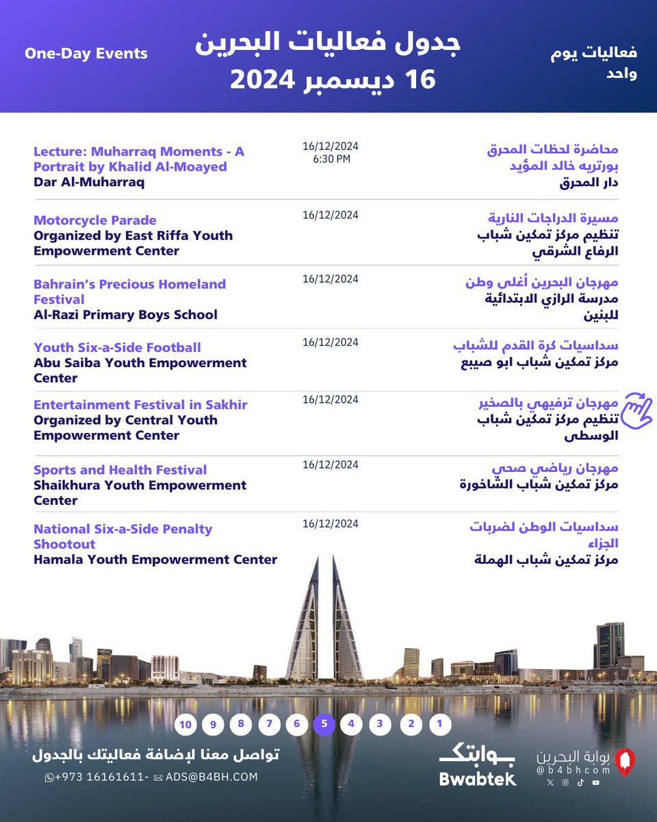 Bwabtek's tweet photo. #Bahrain_Events 14/12/2024 As always, we continue to provide you with the largest daily,weekly, and monthly schedule of events, workshops, and exhibitions in #Bahrain Stay tuned for updates on additional activities #السياحة_في_البحرين #اليوم_الوطني_البحريني #العيد_الوطني_البحريني https://t.co/tcaqrdcv0T