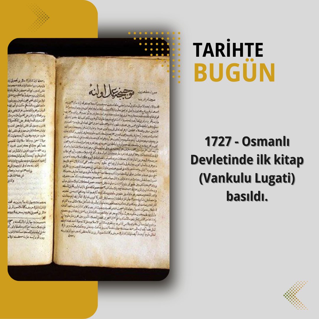 Biibilgi0's tweet photo. 1727 - İlk Osmanlı kitabı basıldı! 📚
Osmanlı'da matbaanın kullanılmaya başlandığı dönemde, Vankulu Lugati basıldı. Osmanlı Türkçesi'nin dilbilgisel yapısını gösteren bu eser, kültürel ve bilimsel gelişmelere hız kazandırarak Osmanlı'nın modernleşmesinde önemli bir adım oldu. 📖 https://t.co/TyuDOLKxci