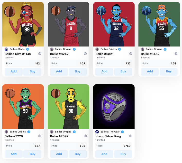 Vision Silver Ring - ATK 4 / DEF 4  Ring: $750
Ballie #2097 - ATK 10 / DEF 10 : $95
Ballie #8452 - ATK 10 / DEF 9 / Diamond Hand : $74
Ballie #5821 - ATK 8 / DEF 8 : $37
Ballie #7229 - ATK 7 / DEF 8 : $37
Ballie #8242 - ATK 4 / DEF 6 : $27
Ballies Diva #1140 - ATK 2 / DEF 6 : $12