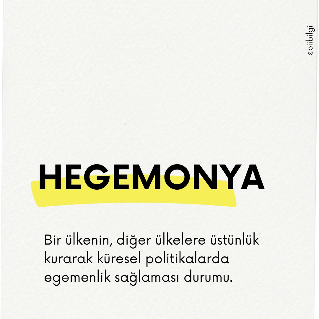 Biibilgi0's tweet photo. Hegemonya 🌍
Hegemonya, bir ülkenin diğerleri üzerinde ekonomik, politik, kültürel ya da askeri egemenlik kurmasıdır. Bu egemenlik, sadece güç kullanarak değil, ideolojiler ve kültürel değerlerle de elde edilebilir. ABD'nin Soğuk Savaş'taki liberal kapitalizm hegemonya örneğidir. https://t.co/E3BmkB6tnX