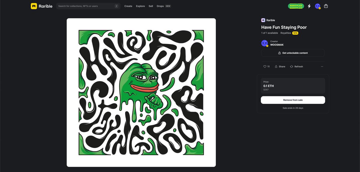 Hey #pepe lovers 🐸🖖 
Are you into a tribute #NFTartwork ?

▫️1/1 #Artwork available on <a href="/rarible/">Rarible</a> 
▫️0.1 Eth

💎 Collect this : 
rarible.com/token/0xd07dc4…