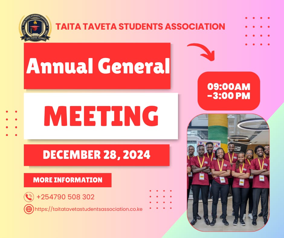 katei_samuel's tweet photo. The Taita Taveta Students Association Annual General Meeting, marks a year of success and stories. Join #TTSA this year to celebrate and mark a year of achievement and focus on the 28th of December. 

Hashtags;
#SuperYouthAmbassador 
#TTSA

Tag
@students_006
@charlneruto https://t.co/yzPSbwYuiV