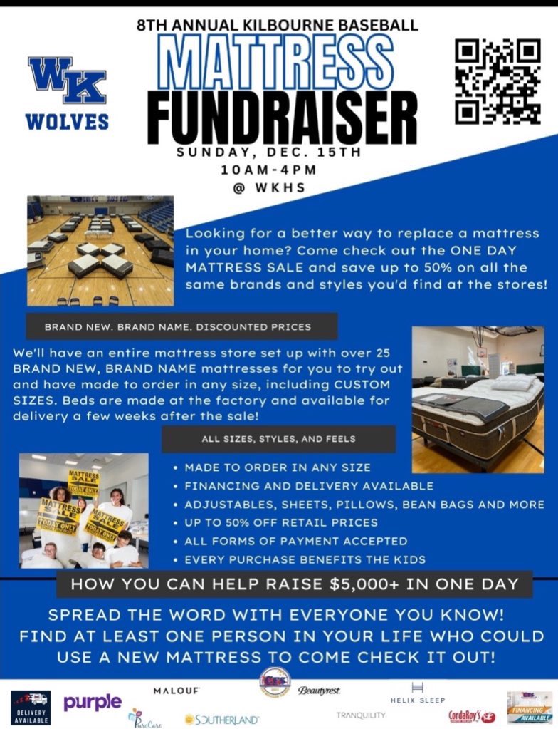 Today is the day for YOU to get a new mattress! Come support the Wolves! 

10-4pm at the high school!