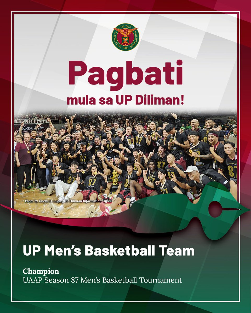 Official_UPD's tweet photo. Congratulations to the UP Men's Basketball Team for clinching the championship title in the University Athletic Association of the Philippines Season 87! https://t.co/Ae7ED0qUte