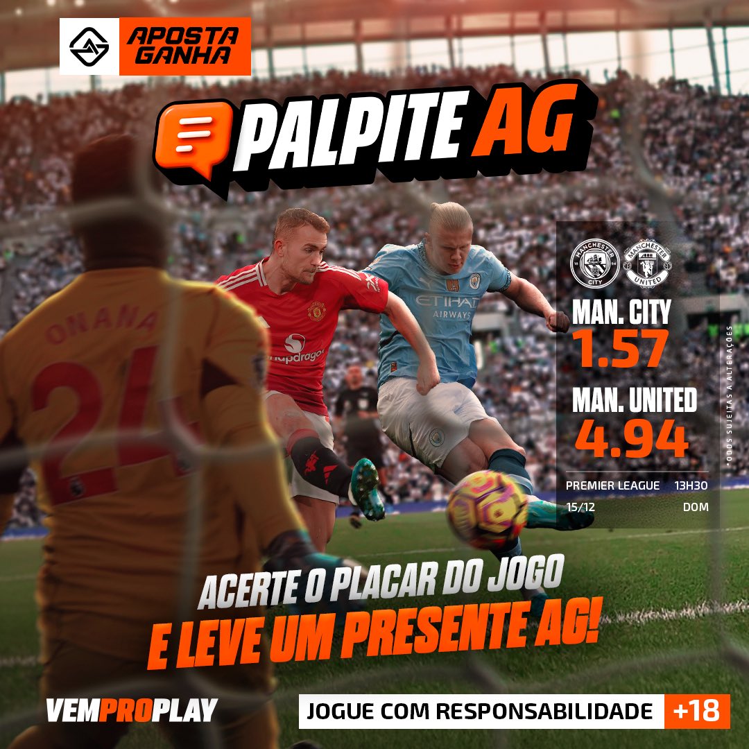 Bom dia do Adm já vem com pedrada 🔥

Palpite  AG no clássico de Manchester ⚽️🤩

Valendo 10 bancas de 50,00 para os primeiros que cravarem o placar 🚀

🚨Não esquece de dar RT e validar sua conta do site🚨

Jogue com Responsabilidade! 🔞

⚠️*A política de promoções não se aplica