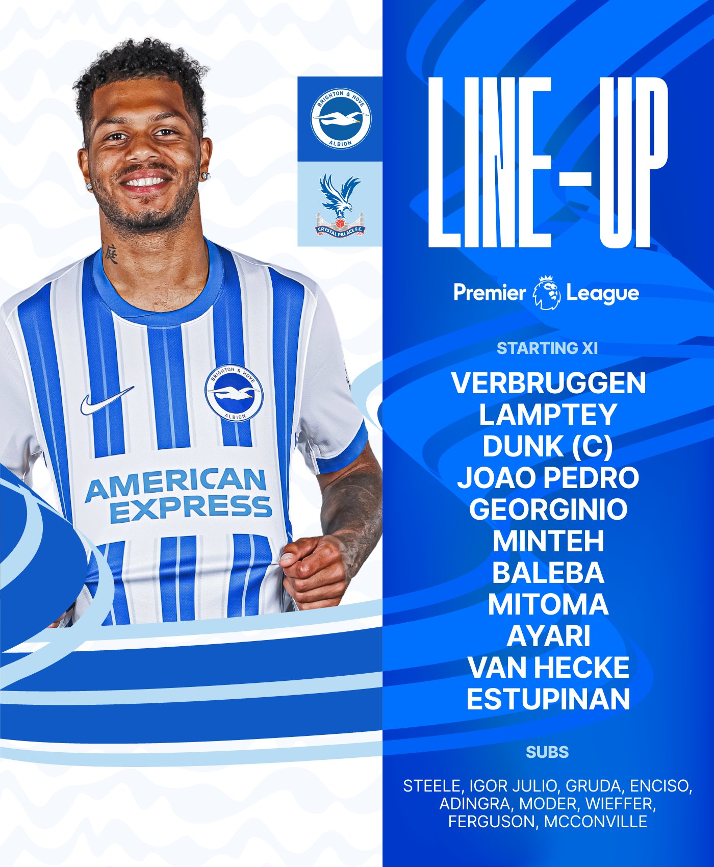 Albion's team to face Crystal Palace featuring Georginio in our home kit: Verbruggen, Lamptey, Dunk (C), Joao Pedro, Georginio, Minteh, Baleba, Mitoma, Ayari, van Hecke, Estupinan. Subs: Steele, Igor Julio, Gruda, Enciso, Adingra, Moder, Wieffer, Ferguson, McConville. 

Come on Albion!