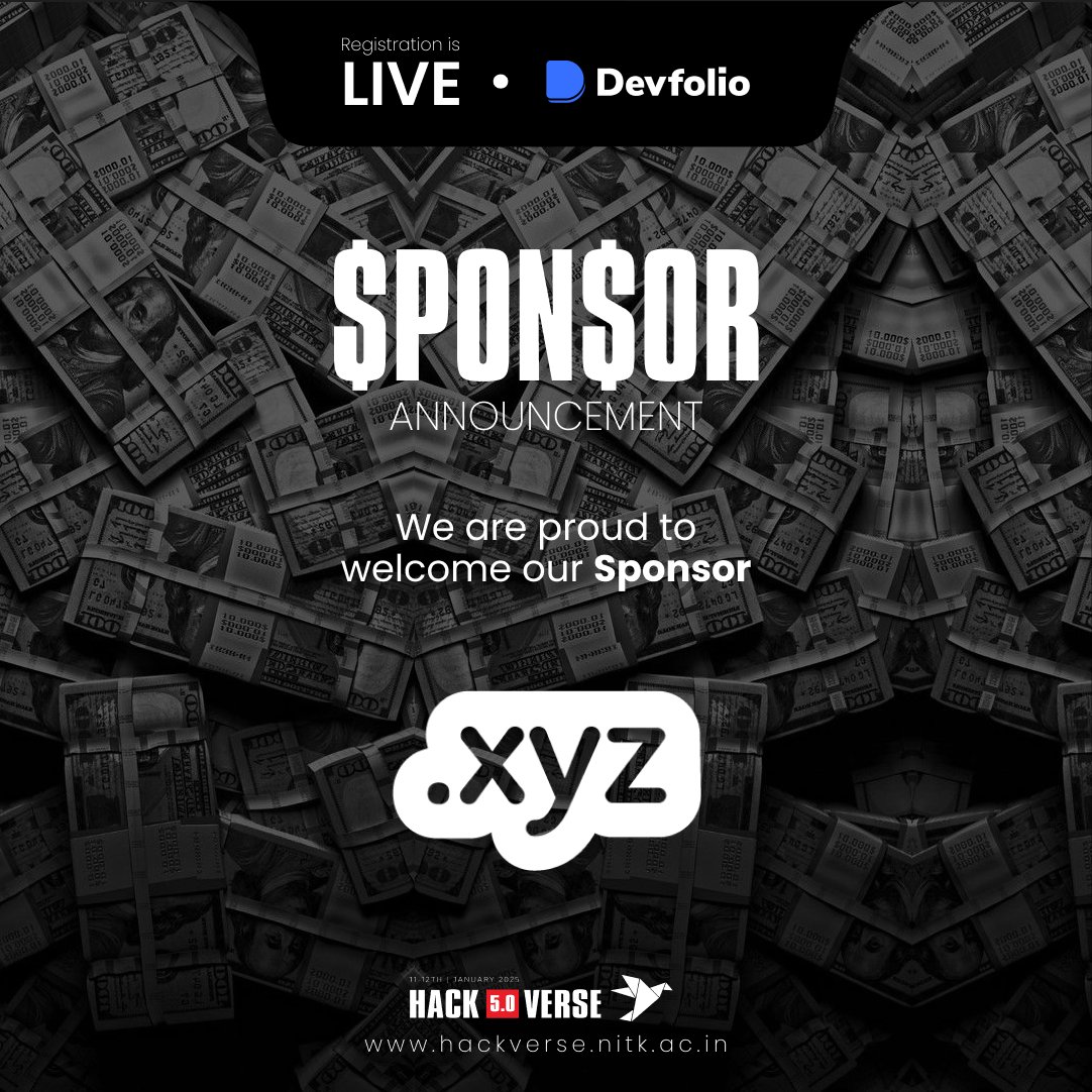 hackversenitk's tweet image. HackVerse 5.0 greets @xyz as its sponsor! 🥳

xyz is the domain that’s giving everyone, everywhere a platform to express themselves online

Check them out : gen.xyz

Register for HackVerse 5.0 now at: hackverse.nitk.ac.in

#HackVerse  #hackversenitk #hackathon