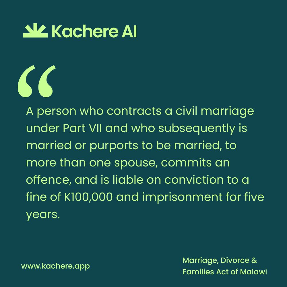 KachereAI's tweet photo. The Malawian laws on marriage state, a person who contracts a civil marriage under Part VII and who subsequently is married or purports to be married, to more than one spouse, commits an offence, and is liable on conviction to a fine of K100,000 and imprisonment for five years. https://t.co/x69SqBVhbQ
