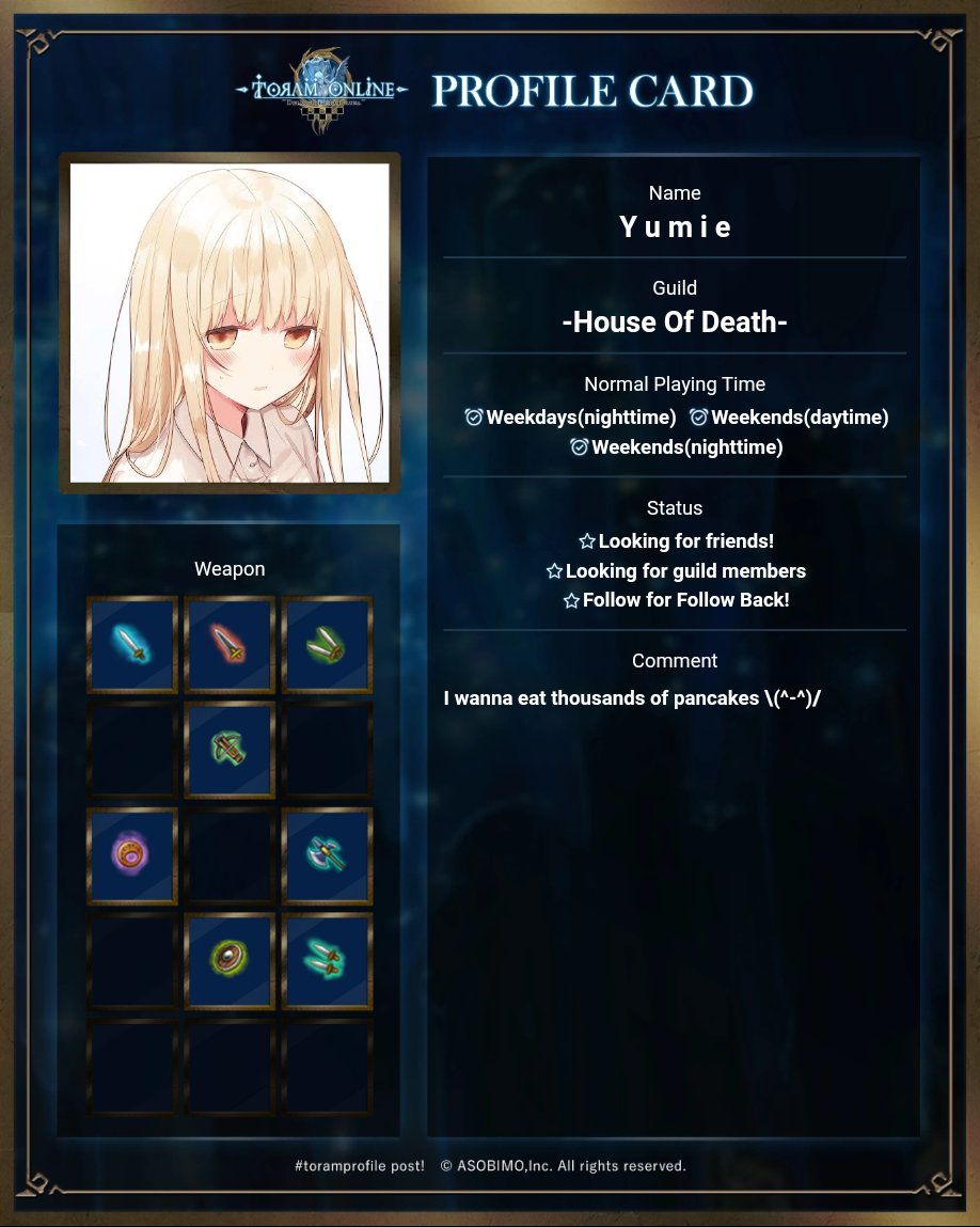 yumie_toram's tweet photo. Updating my Profile Card ^-^
#ToramOnline 
#Toramprofile
#トーラムオンライン https://t.co/HCw4dhTx3Y