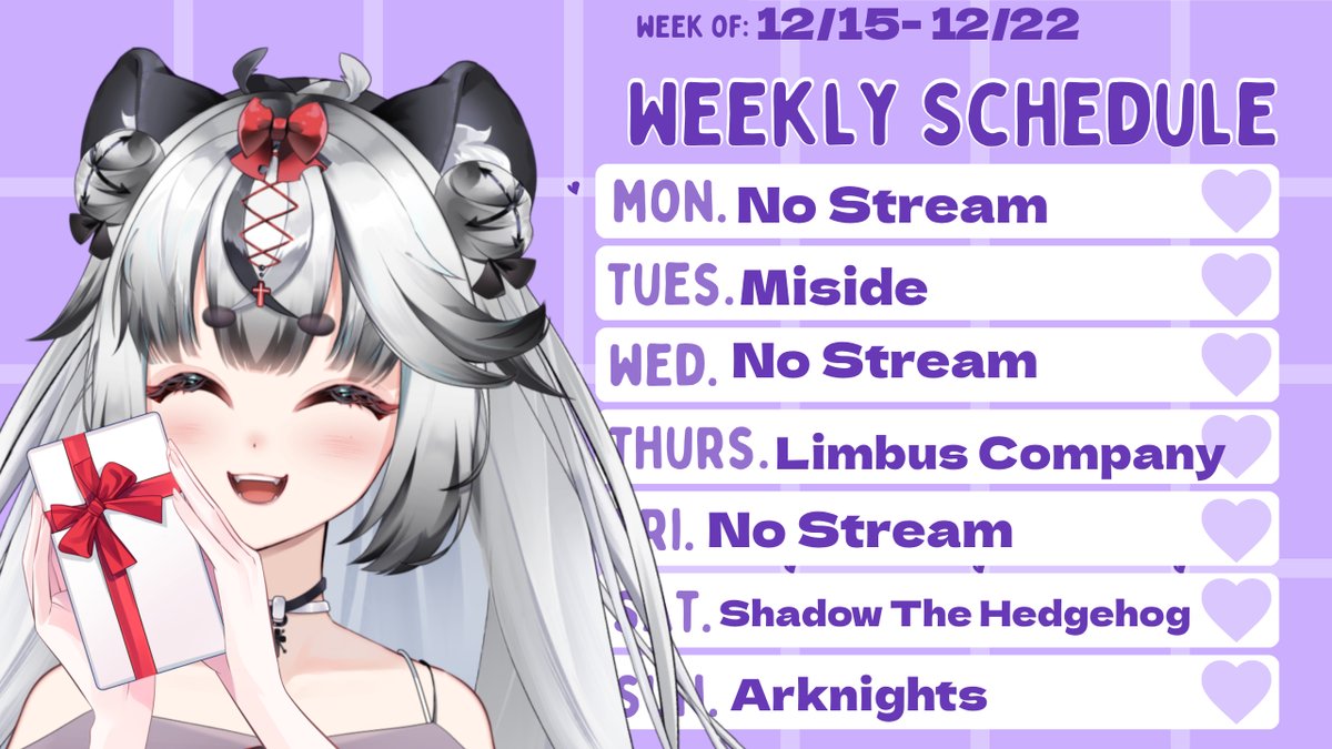 lucina_celeste's tweet photo. 12/15- 12/22 🐯Schedule
Got a bit of a packed week but a fun one!! It's almost Christmas!
Art: #Lucinyah
Clips/Memes: #Luciclips
Livetag: #LuciLIVE
Art asset: gao__13 https://t.co/FTEjnAq1JK