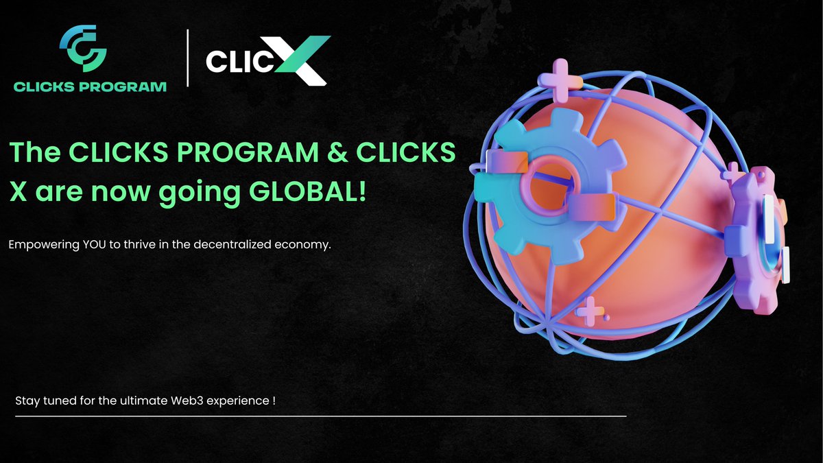 ClicksProgram's tweet image. 🌍🚀 The Wait Is Over!

The CLICKS PROGRAM &amp;amp; CLICKS X are now going GLOBAL!

🔑 Empowering everyone, everywhere.

💡 A revolution in Web3 advertising, DeFi, and blockchain innovation.

Join us &amp;amp; shape the future 🌐

#ClicksProgram #ClicksX #Web3 #DeFi #Clickstoken #Blockchain…