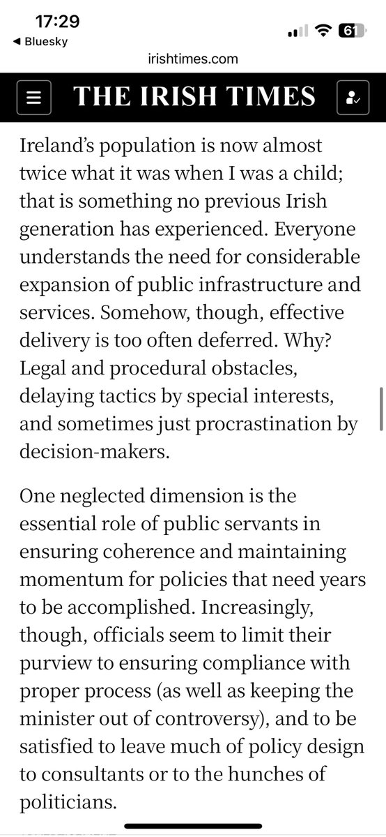 Great piece in the <a href="/IrishTimes/">The Irish Times</a> this weekend by <a href="/PHonohan/">Patrick Honohan</a>, especially the paragraphs below on why public infrastructure and services have lagged behind population growth &amp; headline economic success.