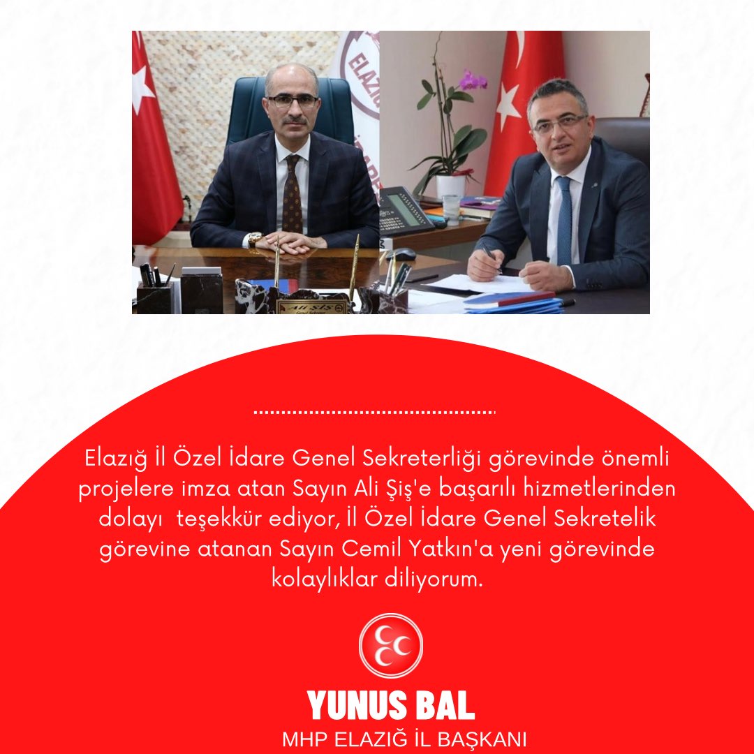 yunusbal23's tweet photo. Elazığ İl Özel İdare Genel Sekreterliği görevinde önemli projelere imza atan Sayın Ali Şiş'e başarılı hizmetlerinden dolayıteşekkür ediyor, İl Özel İdare Genel Sekretelik görevine atanan Sayın Cemil Yatkın'a yeni görevinde kolaylıklar diliyorum. https://t.co/oNhc4WuvTK