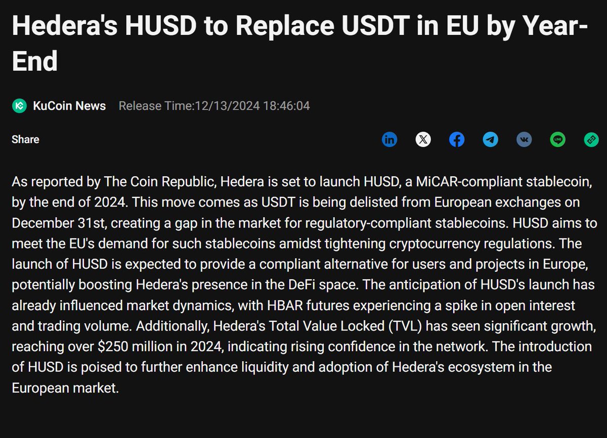 ZetaRunner's tweet photo. 🌐 BREAKING: HEDERA’S HUSD POISED TO REPLACE USDT IN EUROPEAN MARKETS? 🚨

1️⃣ The News:
Speculation is rising that Hedera’s HUSD stablecoin could become the go-to replacement for USDT in the European markets as new regulations tighten and MiCAR compliance takes center stage.

2️⃣ Why HUSD Is a Game-Changer:
• Regulatory Edge: HUSD is designed to meet Europe’s MiCAR (Markets in Crypto-Assets Regulation) requirements, giving it a clear path to adoption in a region where compliant alternatives are needed.

• USDT Delisting: With USDT set to be removed from European exchanges on December 31st, HUSD fills the regulatory gap, offering stability and trust for users and institutions.

• Boosting Adoption: HUSD’s launch could enhance liquidity and drive Hedera’s presence in the DeFi space, especially across the European markets where regulatory clarity is crucial.

3️⃣ Market Impact:
• HBAR Momentum: The anticipation of HUSD has already led to a spike in HBAR futures open interest and increased trading volume.

• Network Growth: Hedera’s Total Value Locked (TVL) surpassed $250 million in 2024, signaling rising confidence in the network and its utility.

4️⃣ The Bigger Picture:
HUSD’s potential to replace USDT in Europe marks a pivotal moment for both Hedera and the broader stablecoin market. With regulatory pressure mounting, compliant and efficient stablecoins like HUSD are positioned to lead the next phase of crypto adoption.

Final Thought:
Hedera’s HUSD isn’t just a stablecoin—it’s a strategic solution to Europe’s regulatory challenges. If this trend continues, HUSD could become a major player, driving both adoption and liquidity in the European DeFi ecosystem. 🚀

#Hedera #HUSD #HBAR #Stablecoin #DeFi #CryptoNews #MiCAR #Blockchain #EuropeanMarkets